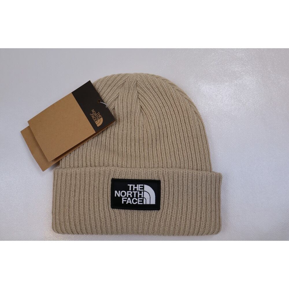 NEW The North Face Unisex Khaki Salty Lined Logo Ribbed Knit Cuffed Beanie Hat - Picture 2 of 4